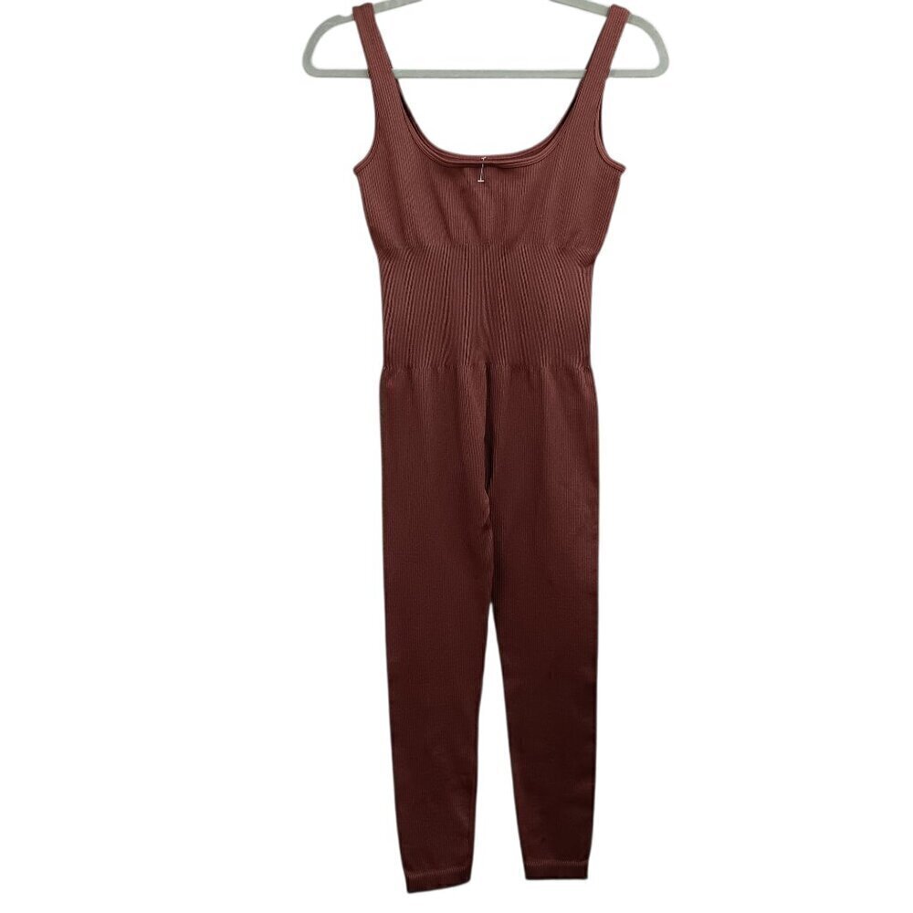 Women's Workout Seamless Jumpsuit Yoga Ribbed Bodycon One Piece Size M Brown